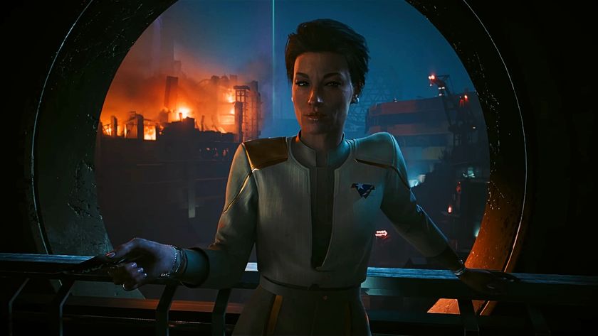 A character from Cyberpunk 2077's upcoming Phantom Liberty expansions stands in front of a field of wreckage