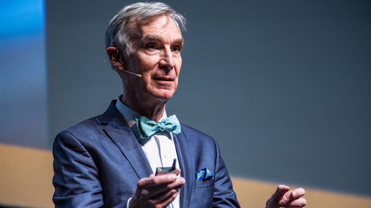 Bill Nye, an author, science educator, inventor, engineer, comedian and Emmy Award-winning television presenter, talks about his new series &quot;The End is Nye&quot; at Meridian Hall on March 29, 2023 in Toronto, Ontario.