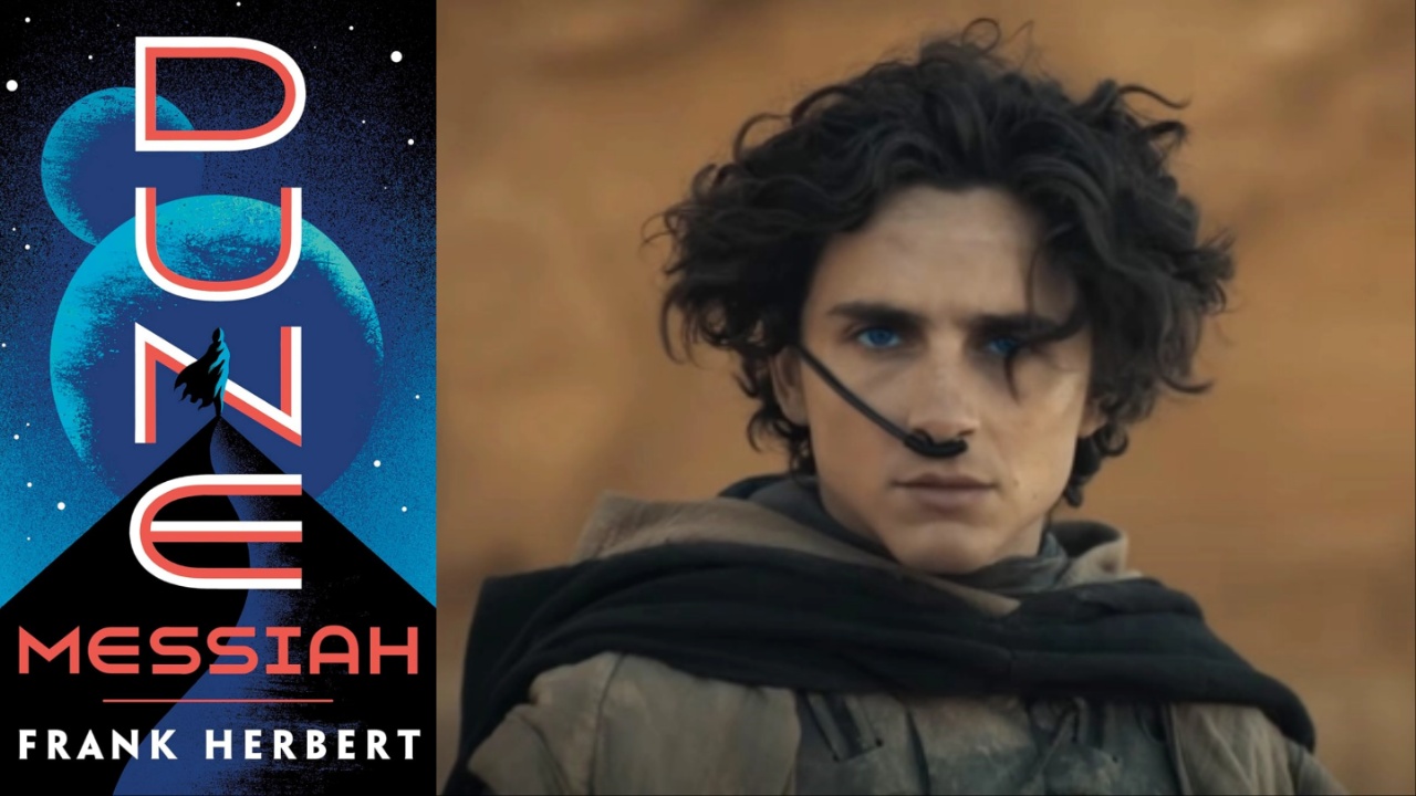 Dune Messiah book cover and Timothee Chalamet as Paul Atreides