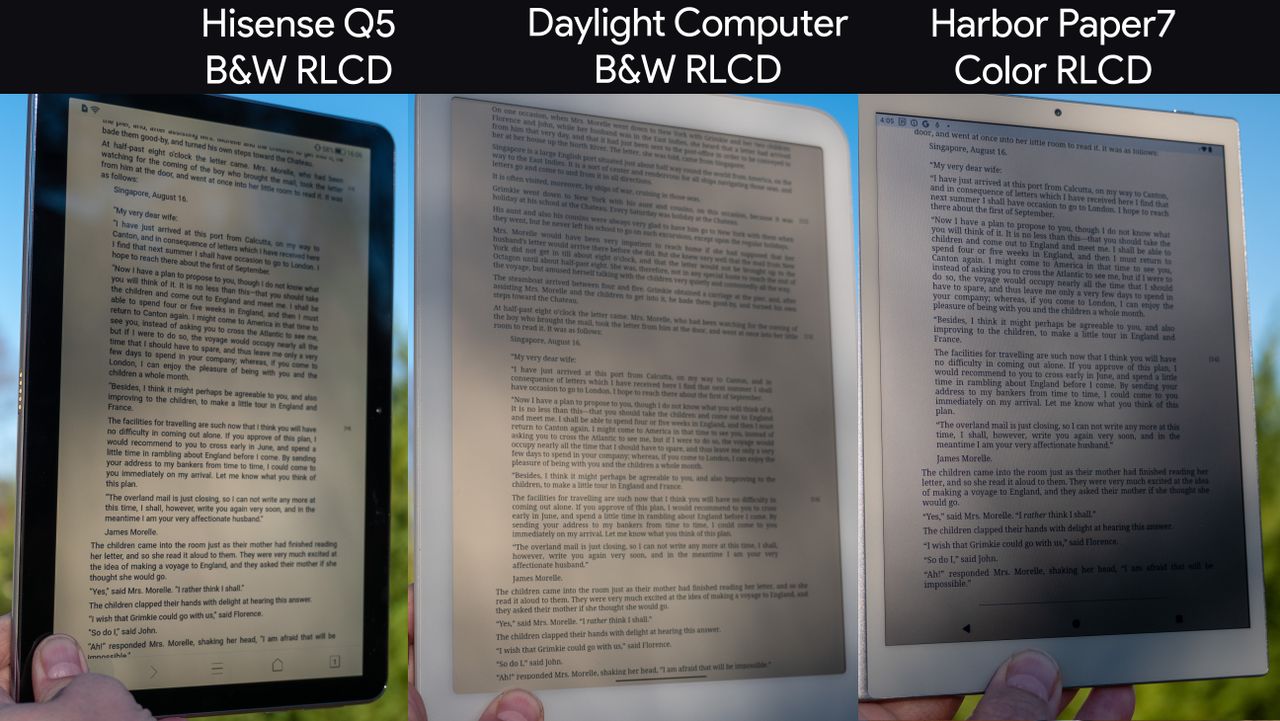 Comparing RLCD tablets' daylight viewability from different angles between the Hisense Q5, Daylight Computer, and Harbor Paper 7