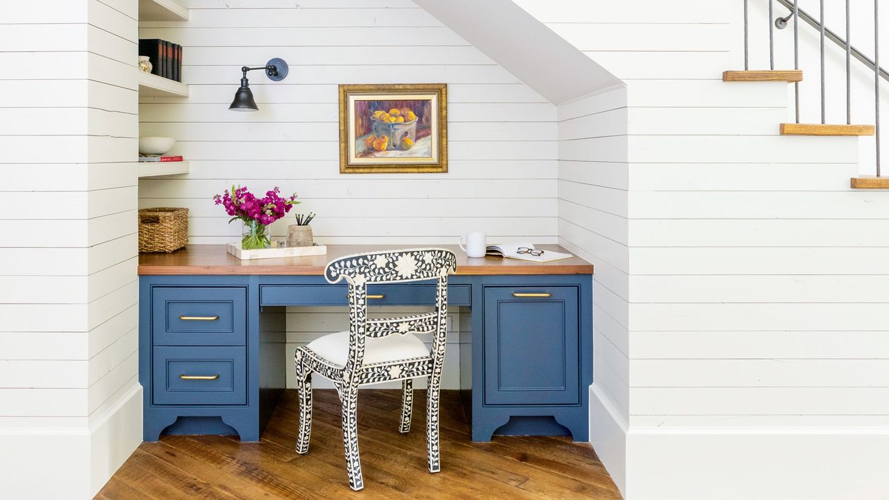 under-the-stairs ideas desk area in panelled hallway