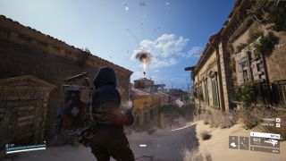 Arc Raiders Arc Synthetic Resin: A player looking at a destroyed Spotter crashing down on a distant rooftop.