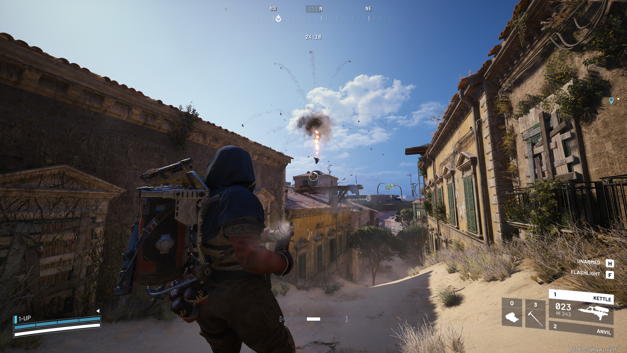 Arc Raiders Arc Synthetic Resin: A player looking at a destroyed Spotter crashing down on a distant rooftop.