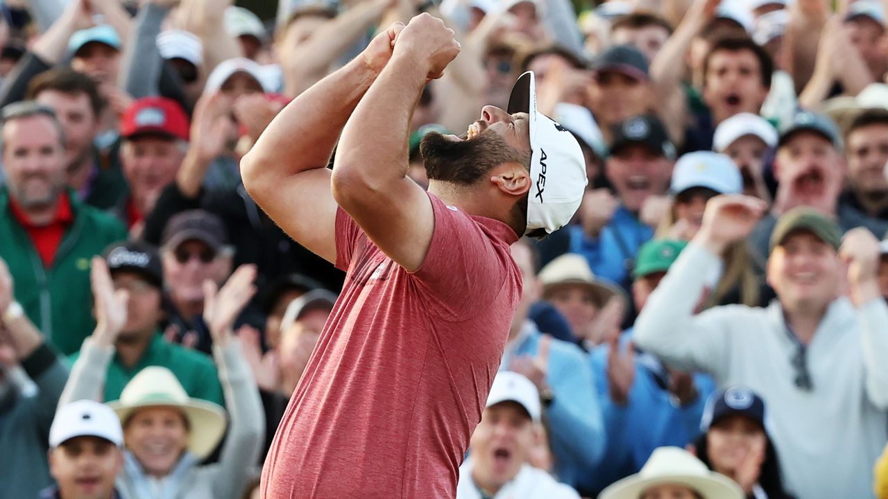 Jon Rahm celebrates after winning the 2023 Masters