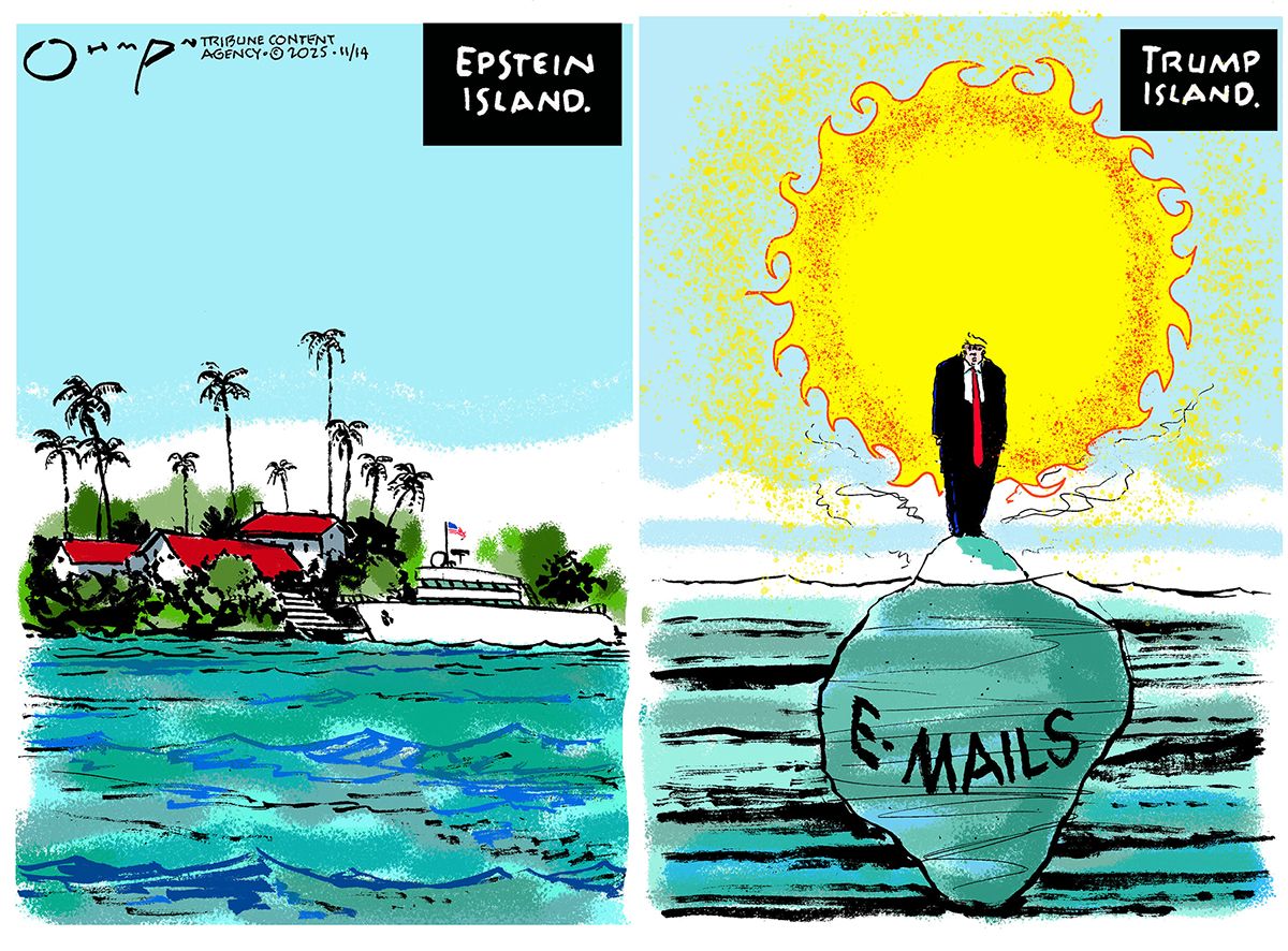 
                                This is a two-panel cartoon. The left side is titled Epstein Island and depicts a tropical island with a mansion, palm trees, and a yacht next to a dock. The right side is titled Trump Island. It depicts Donald Trump standing on top of a rock in the sea named “e-mails.” Only the top of the rock is visible. A bright sun burns behind him.
                            