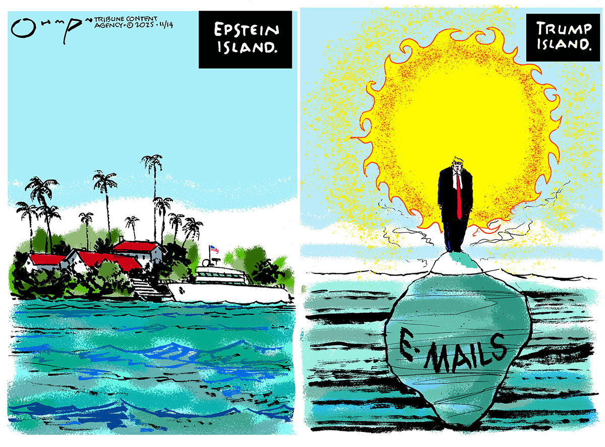 This is a two-panel cartoon. The left side is titled Epstein Island and depicts a tropical island with a mansion, palm trees, and a yacht next to a dock. The right side is titled Trump Island. It depicts Donald Trump standing on top of a rock in the sea named &amp;ldquo;e-mails.&amp;rdquo; Only the top of the rock is visible. A bright sun burns behind him.