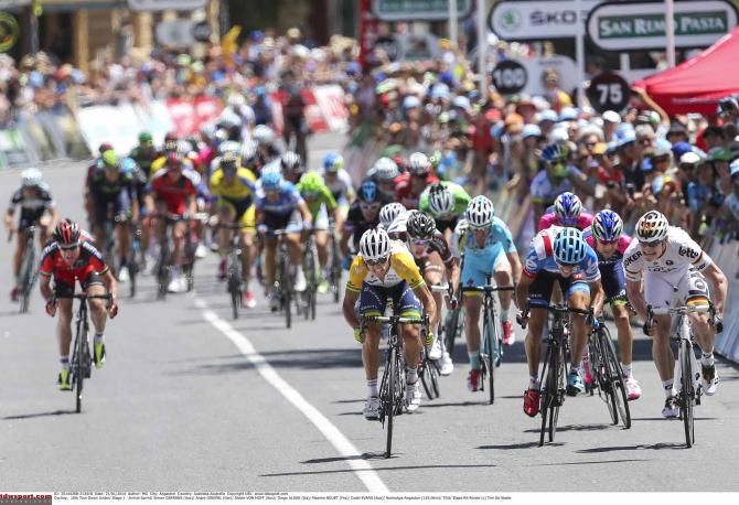 Simon Gerrans (Orica-GreenEdge) surprised Andre Greipel and Steele von Hoff to take stage 1 of the Tour Down Under.