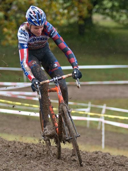 Race leader Ryan Trebon (Kona) gets a bit twisted on a slippery part.