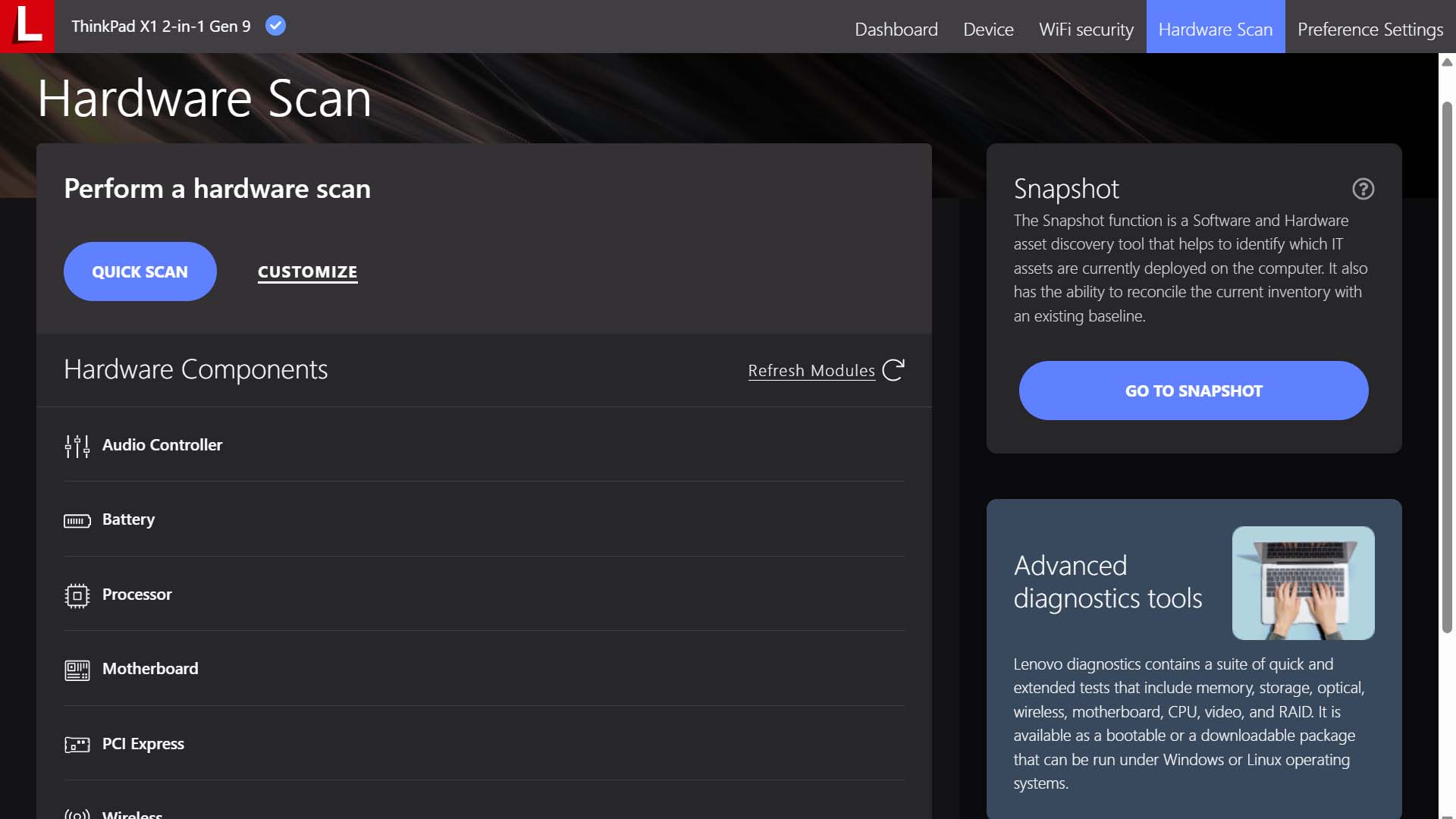 Lenovo ThinkPad X1 2-in-1 (Gen 9) Hardware scan.