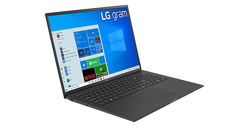 Best laptops for programming product shot of the LG Gram 17 (2021) laptop with the screen open, showing Windows 10 interface