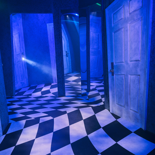 Hallway with checkerboard floor and 5 doors. It looks like an illusion