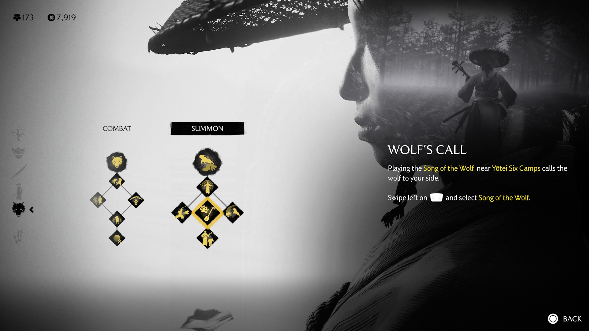 Ghost of Yotei screenshot of Wolf skills menu