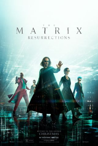 Yahya Abdul-Mateen II, Keanu Reeves, Carrie-Anne Moss, and Jessica Henwick stand lined up on The Matrix Resurrections poster.