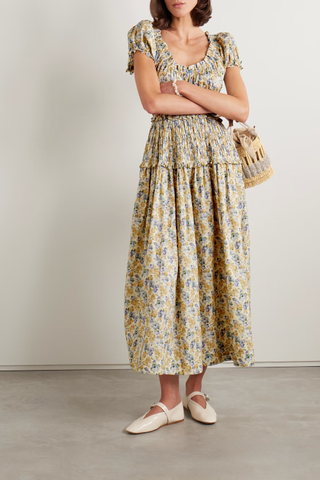 Leanne Shirred Floral-Print Cotton-Voile Midi Dress