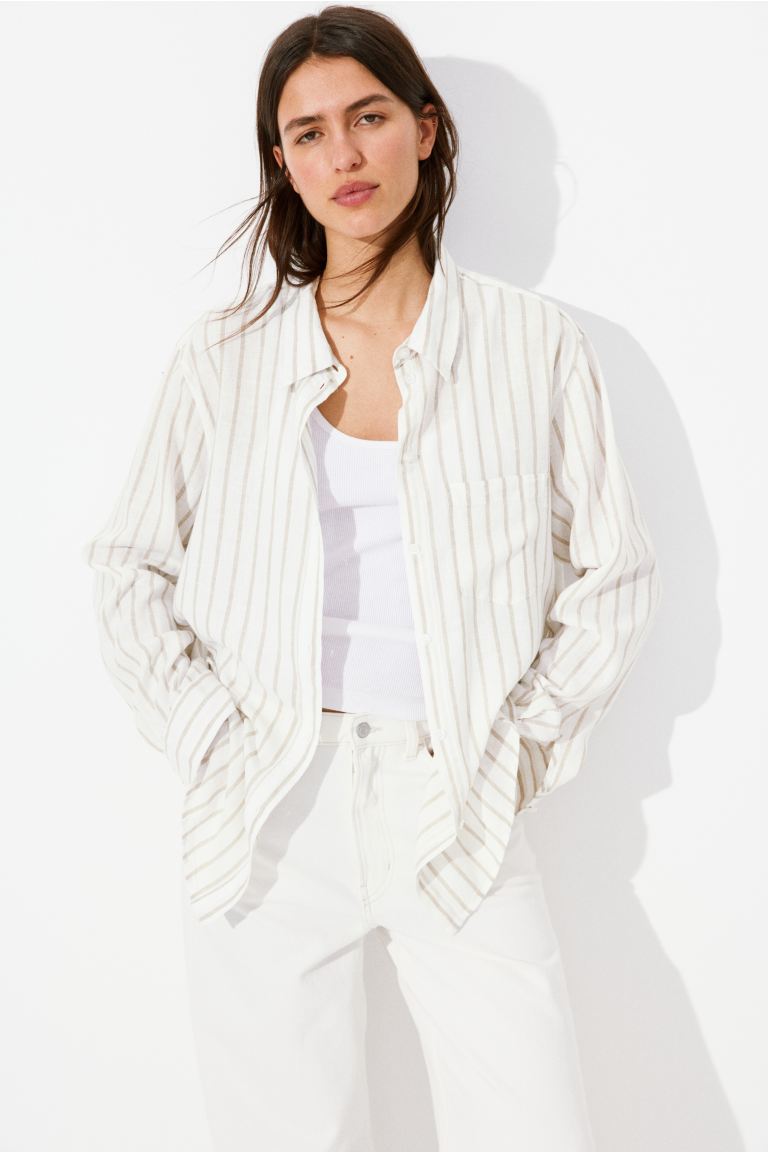 Beige and white striped Linen-Blend Shirt