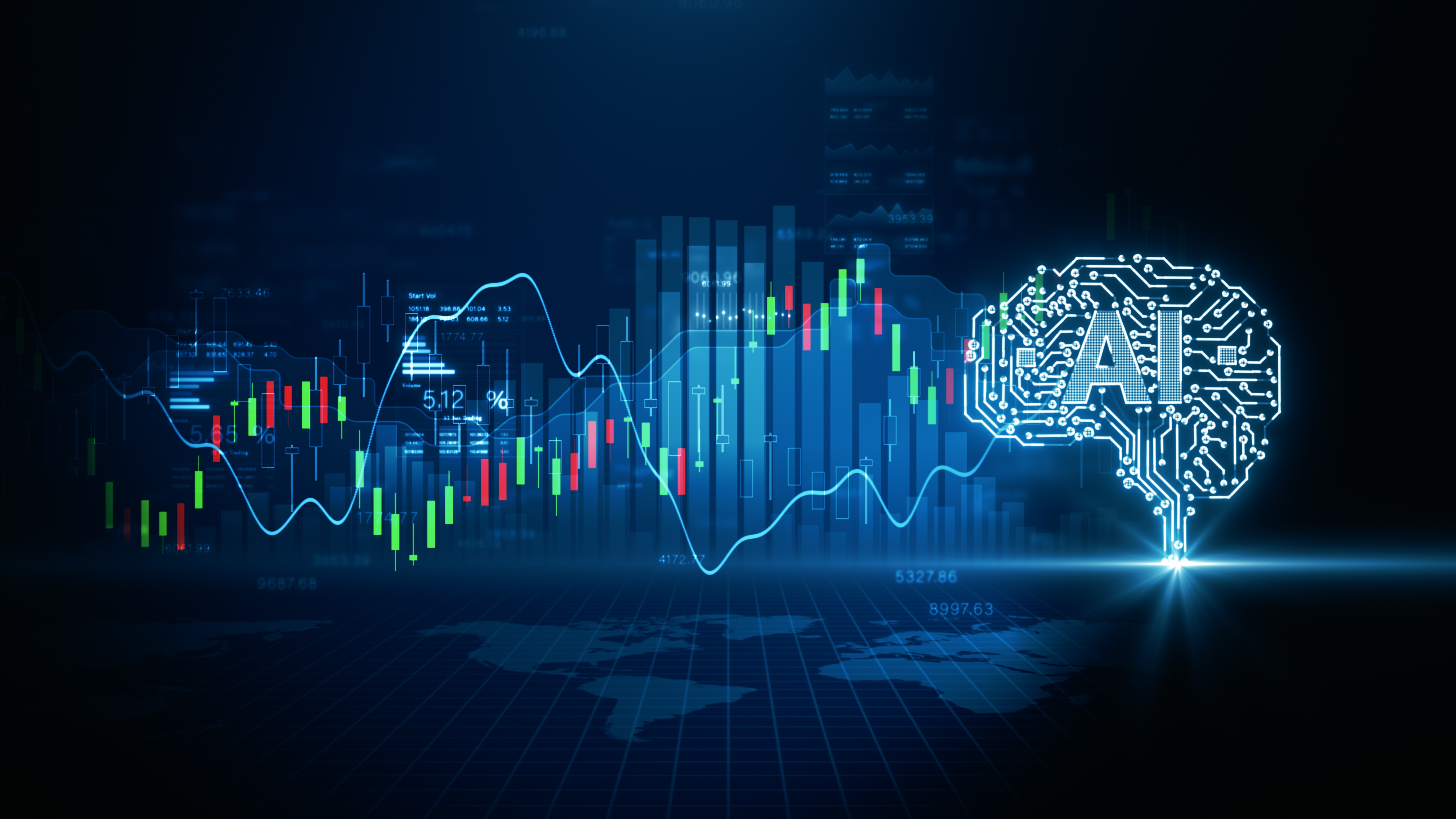 An illustration depicting peaks and troughs in stock prices with an AI brain representing AI technologies and firms.