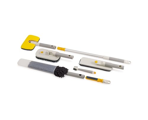 Joseph Joseph Cleantech 6-Piece Cleaning Set With Extension Handle, Includes: Glass Cleaner W/squeegee, Tile Scrubber, Grout Brush, Surface Cleaner and Duster With Telescopic Pole for Ceiling Fan