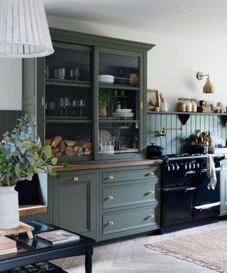 Used kitchen with green cabinets