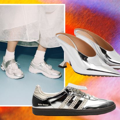 Graphic of silver sneakers, silver mules, and silver boots.