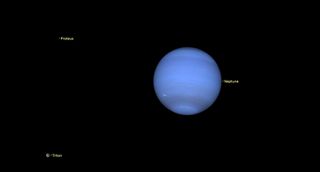 A large blue ball of gas hangs in black space, labeled Neptune. Smaller points of light on the left are labeled Proteus and Triton.