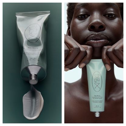 a bottle of Dieux moisturizer on a green background next to a black woman with glowing skin holding the green bottle
