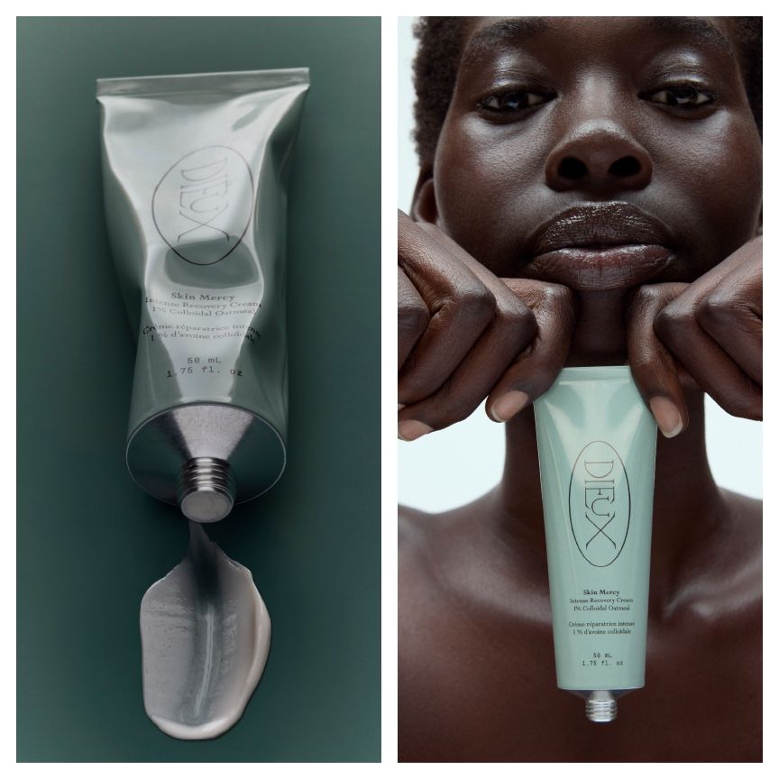 a bottle of Dieux moisturizer on a green background next to a black woman with glowing skin holding the green bottle
