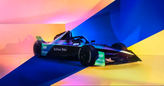 Dynamic and colour image of Formula E car ahead of the 2024 season, which motorsport fans can stream free online in selected countries.