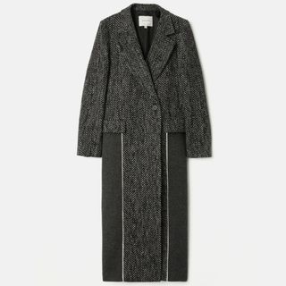 Grey and white checked long wool coat