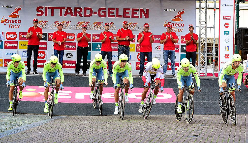 Tinkoff take off the start ramp at the Eneco Tour