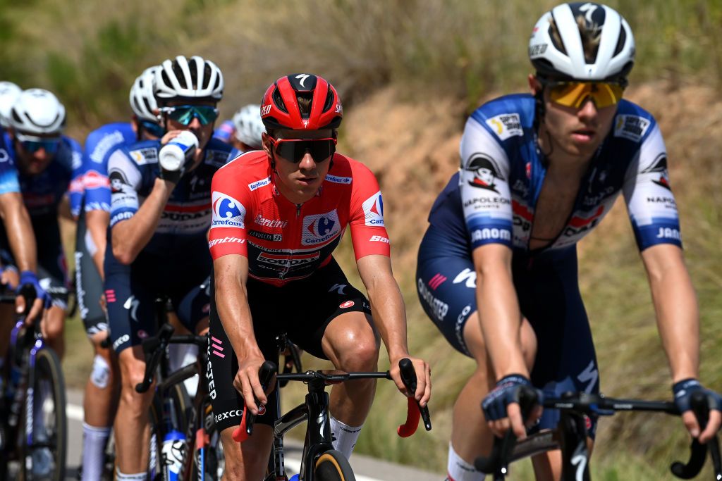 BURRIANA SPAIN AUGUST 30 Remco Evenepoel of Belgium and Team Soudal Quick Step Red Leader Jersey competes during the 78th Tour of Spain 2023 Stage 5 a 1846km stage from Burriana to Burriana UCIWT on August 30 2023 in Morella Spain Photo by Tim de WaeleGetty Images