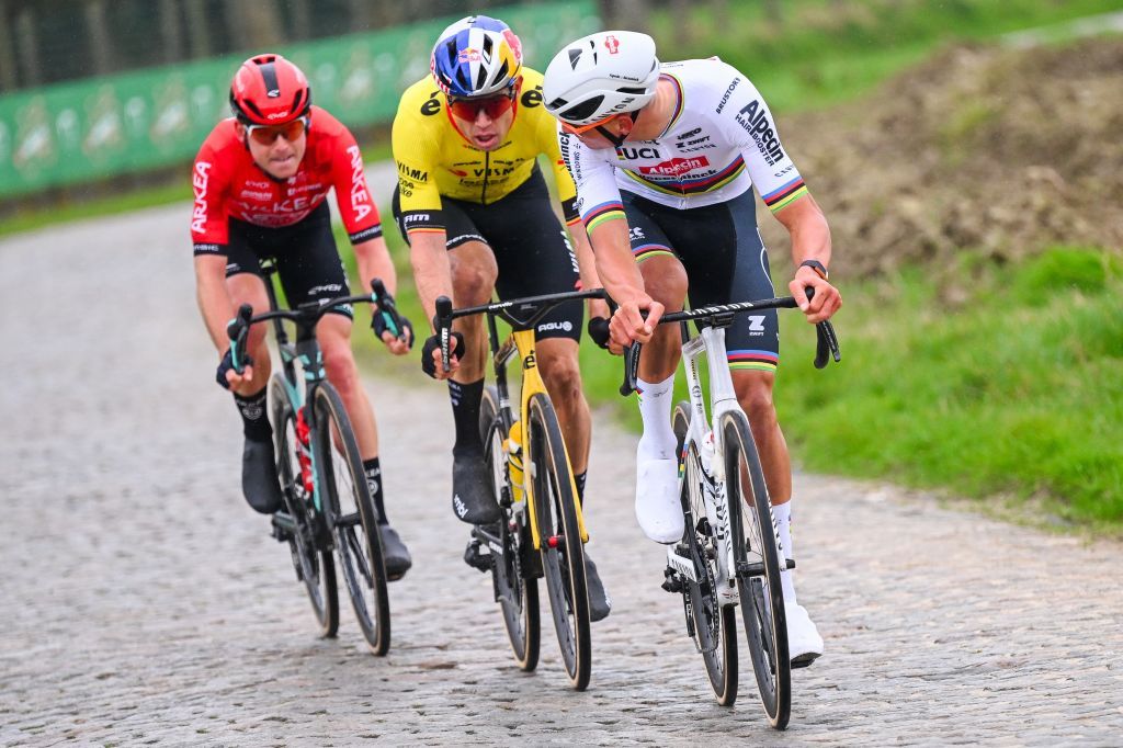 Belgian Wout van Aert of Team Visma-Lease a Bike and Dutch Mathieu van der Poel of Alpecin-Deceuninck pictured in action during the 'E3 Saxo Bank Classic' one day cycling race, 207km from and to Harelbeke, Friday 22 March 2024. BELGA PHOTO POOL TIM DE WAELE (Photo by POOL TIM DE WAELE / BELGA MAG / Belga via AFP)