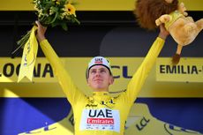 BOLOGNA, ITALY - JUNE 30: Tadej Pogacar of Slovenia and UAE Team Emirates celebrates at podium as Yellow Leader Jersey winner during the 111th Tour de France 2024, Stage 2 a 199.2km stage from Cesenatico to Bologna / #UCIWT / on June 30, 2024 in Bologna, Italy. (Photo by Tim de Waele/Getty Images)