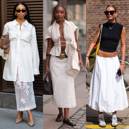 collage of women wearing white skirts 