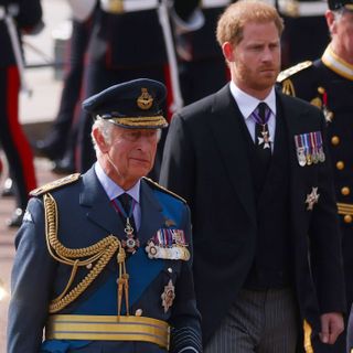 King Charles and Prince Harry walking in the Queen's funeral procession