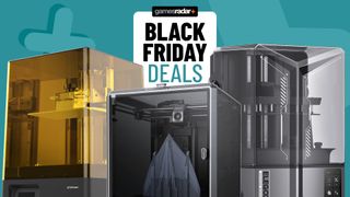 Phrozen, Creality, and Elegoo printers in front of a 'Black Friday deals' badge, all against an aqua background