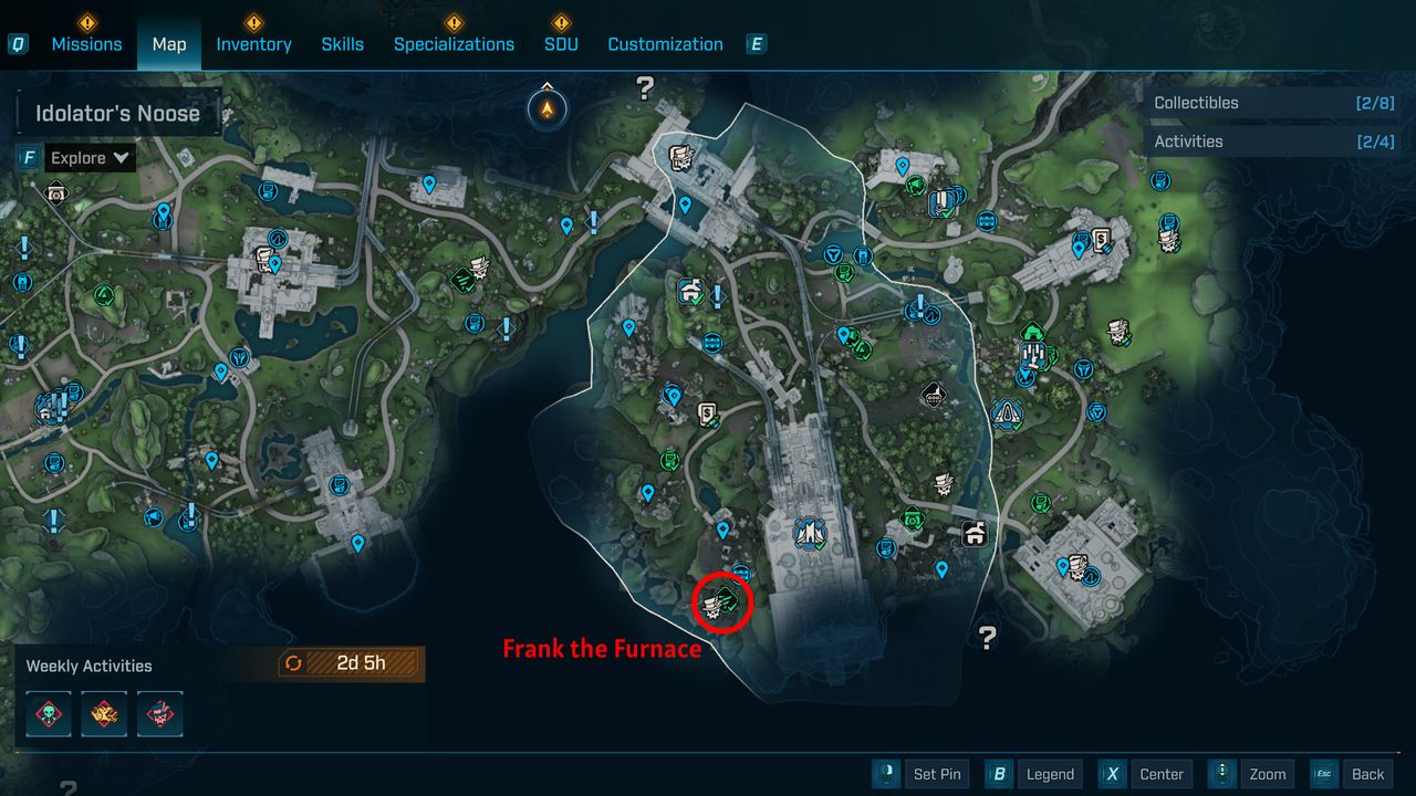 Borderlands 4 UVHM unlocks: A map with a red circle showing the location of the Frank the Furnace boss in Fadefields.