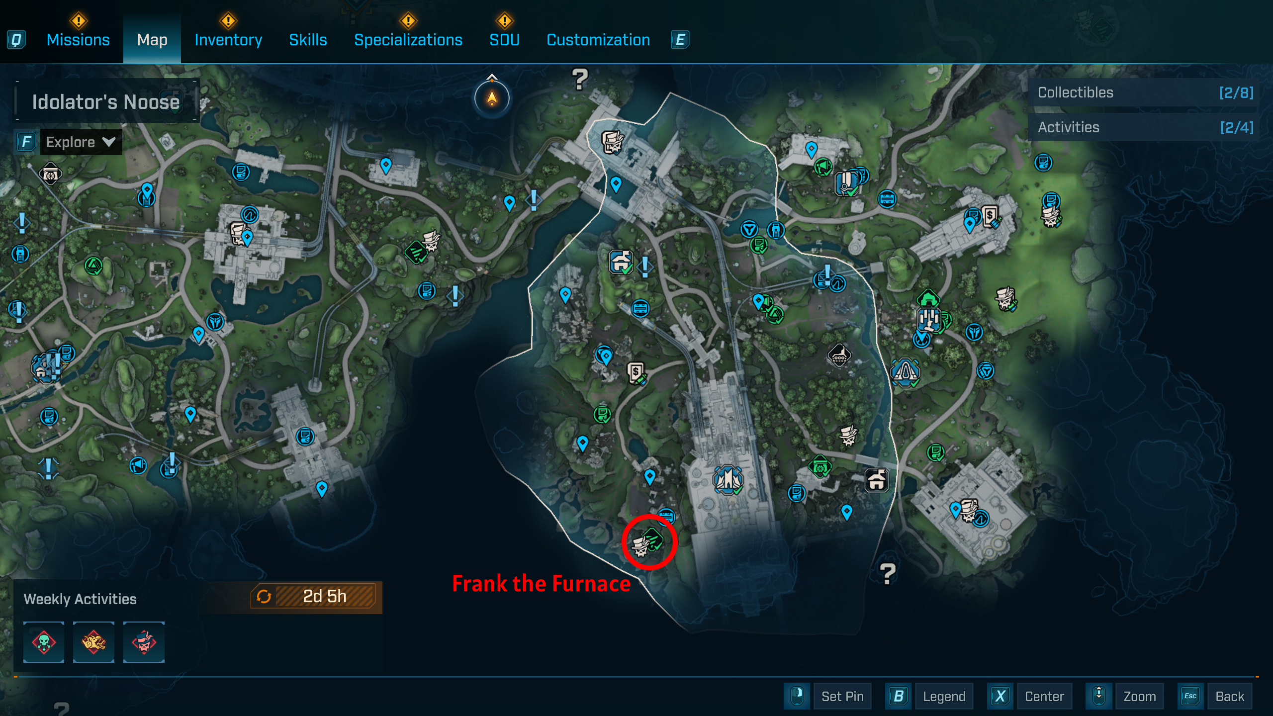 Borderlands 4 UVHM unlocks: A map with a red circle showing the location of the Frank the Furnace boss in Fadefields.