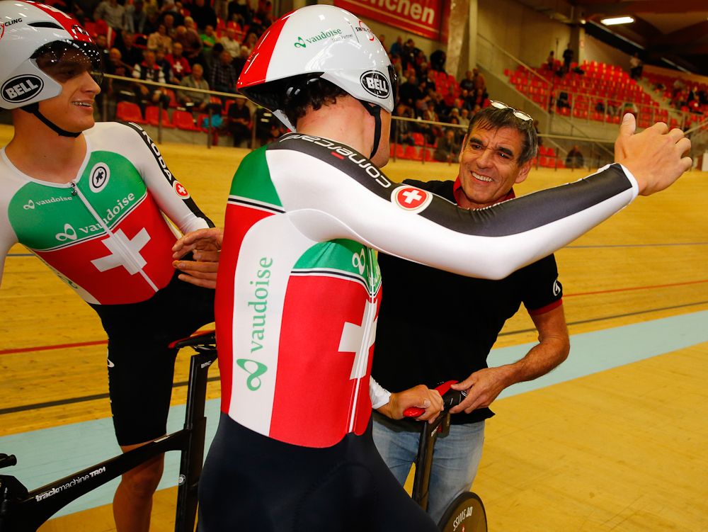 Swiss riders are happy after their race.