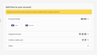 Mullvad's payment options, showing that users can pay in cash, vouchers, cryptocurrencies, credit or debit cards or other options