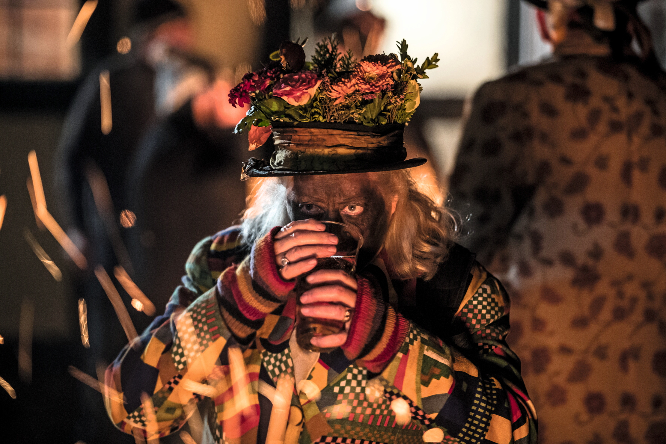 Members of the Leominster Morris gather for a drink before they lead the crowd from the Hobson Brewery in Frith Common to the nearby apple orchard to take part in Oldfields Orchard Cider wassailing ceremony ahead of today's Twelfth Night on January 4, 2017 near Tenbury Wells in Worcestershire, England.