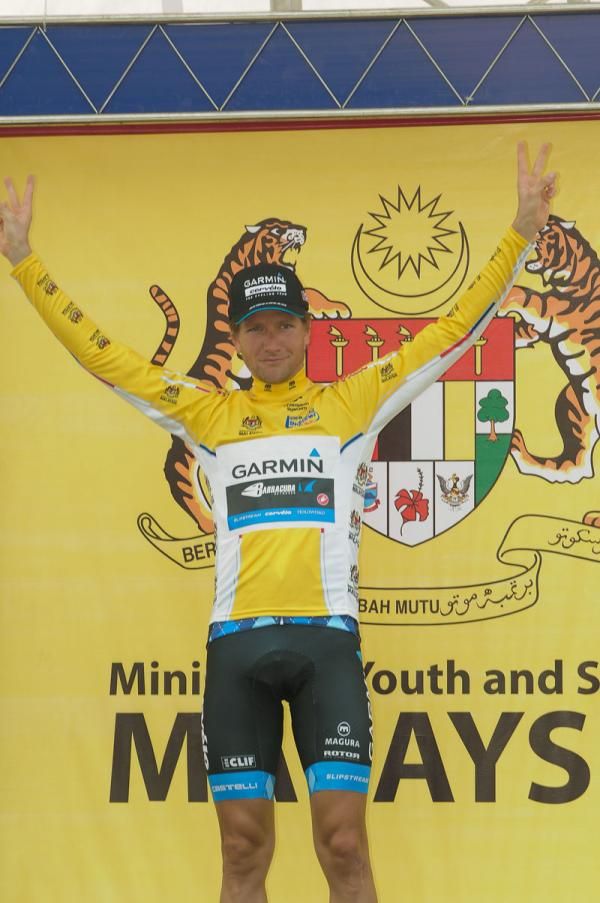 David Zabriskie posing in the yellow jersey