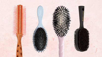 image of a collection of boar brushes on a pink background