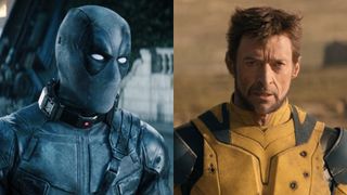 Wade Wilson (Ryan Reynolds) sports a blue costume in Deadpool 2, while Logan (Hugh Jackman) looks confused in Deadpool & Wolverine.