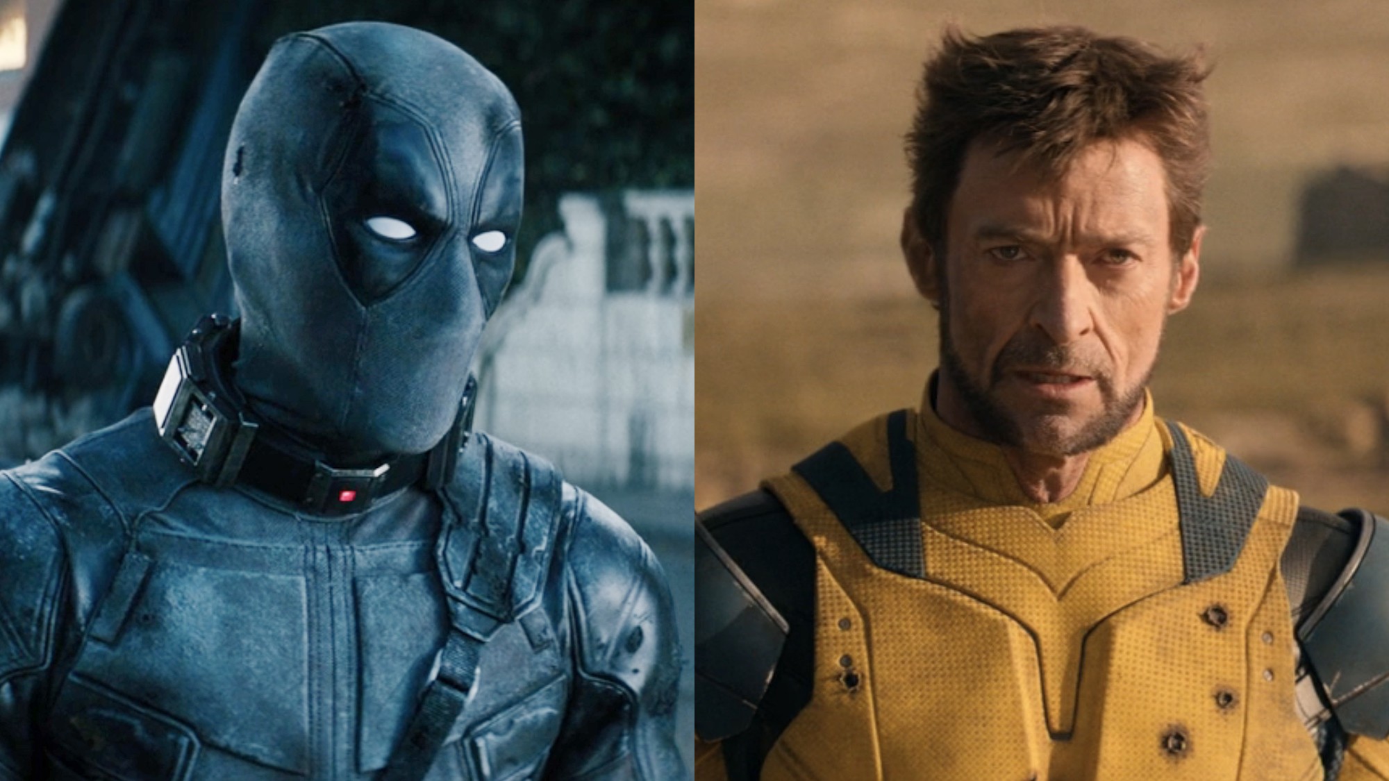 Wade Wilson (Ryan Reynolds) sports a blue costume in Deadpool 2, while Logan (Hugh Jackman) looks confused in Deadpool &amp; Wolverine.