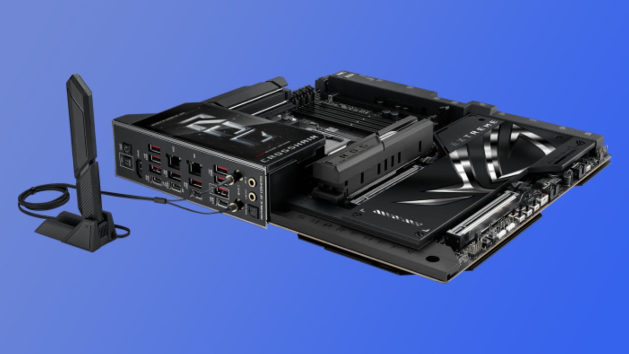 The Asus ROG Crosshair X870E Extreme motherboard from various angles on a blue gradient background
