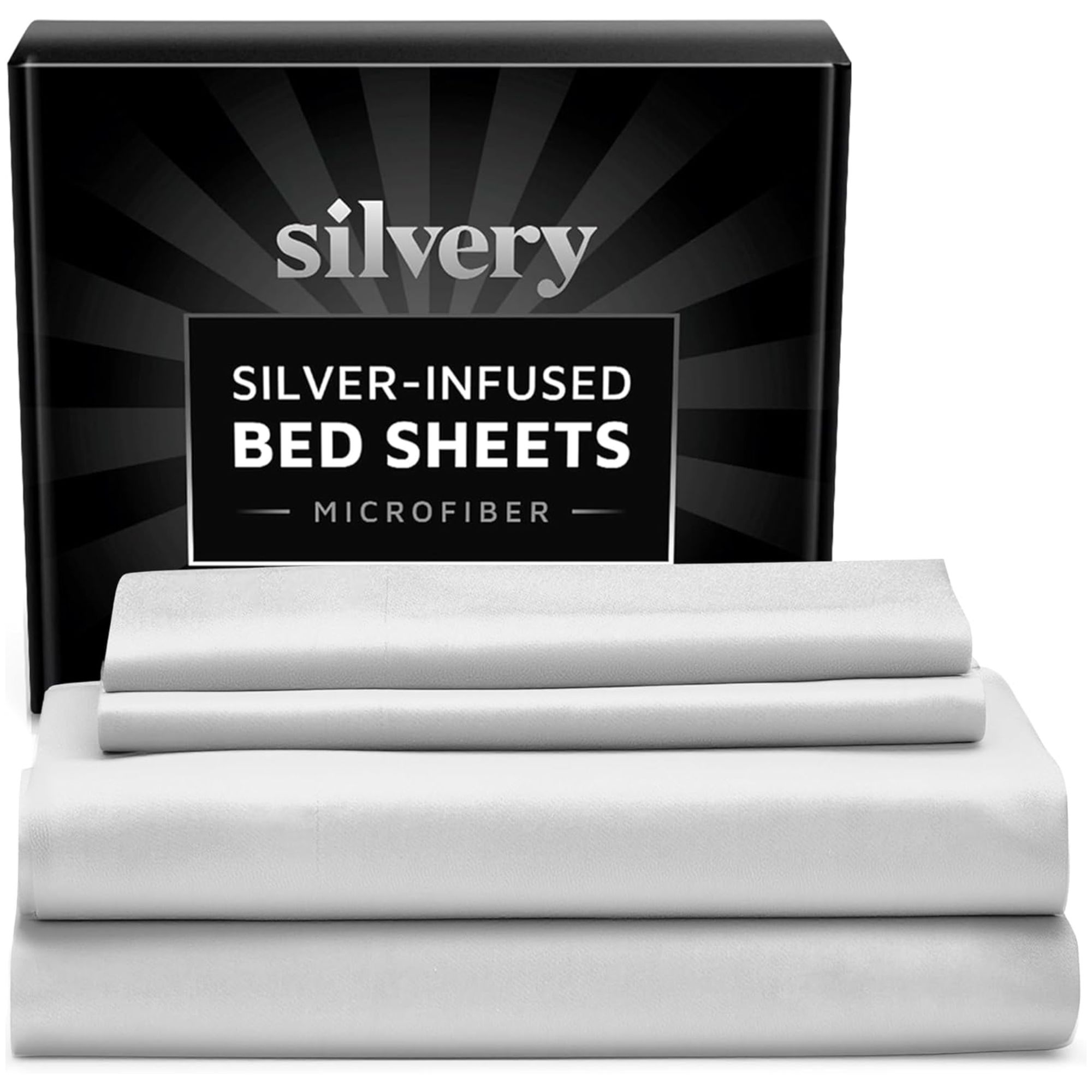 A stack of white silver-infused bed sheets with a a black packaging box.