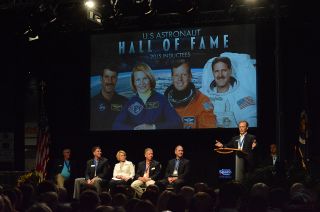 The four 2015 U.S. Astronaut of Fame inductees — Kent Rominger, Rhea Seddon, Steve Lindsey and John Grunsfeld (pictured with Hoot Gibson) — are the 14th class of space shuttle veterans to be added to the Hall, bringing the total members to 91.
