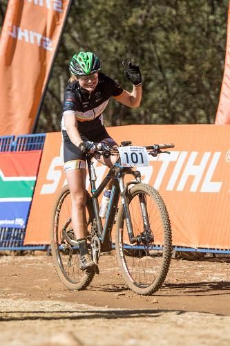 Mariske Strauss (Orange Monkey Pro Team) celebrates her victory and her SA National Championship Elite women's title at the 2014 CSA-MTB National Championships held at Thaba Trails