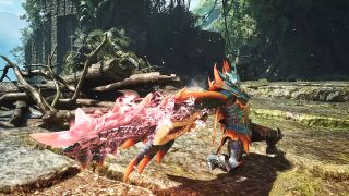 A warrior in ornate, spiky blue and orange armor kneels on rocky ground, holding a large, glowing pink and orange weapon in a lush jungle setting.