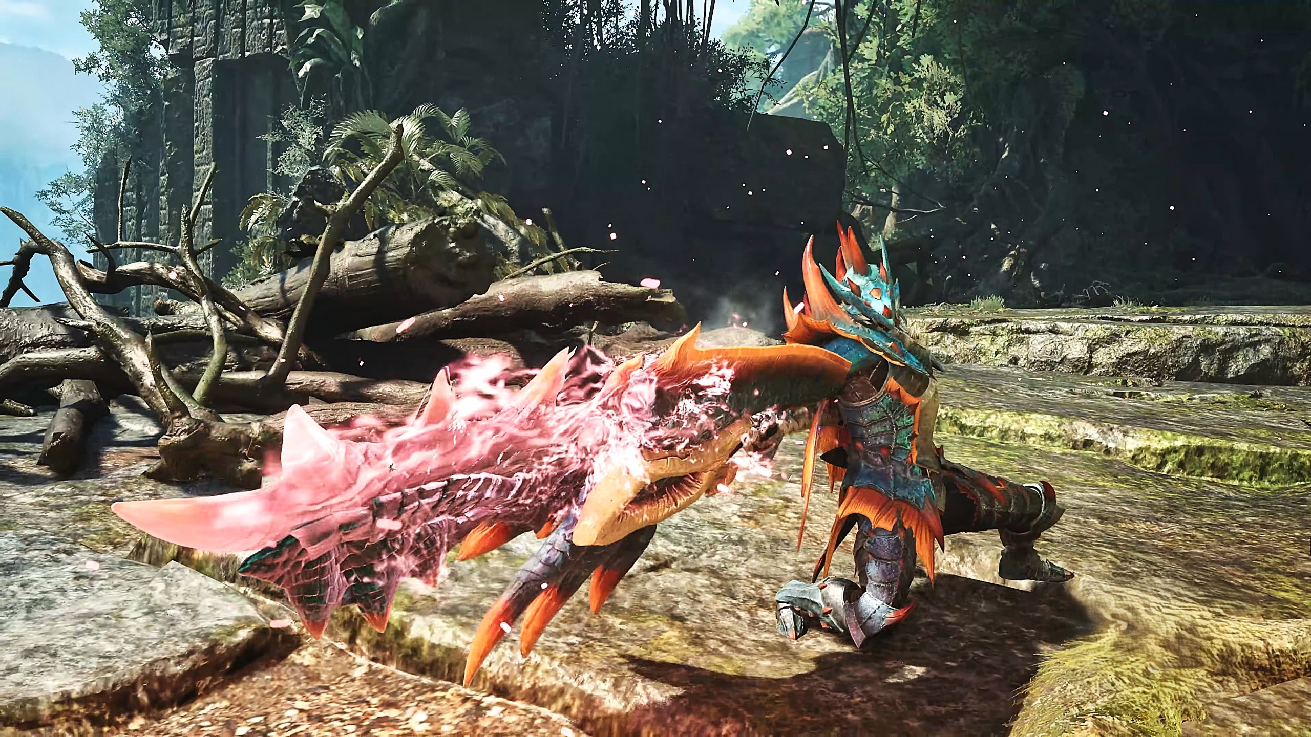 A warrior in ornate, spiky blue and orange armor kneels on rocky ground, holding a large, glowing pink and orange weapon in a lush jungle setting.